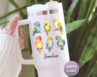 Personalized Parrot Watercolor Tumbler, Custom Name Travel Mug, 40oz Handle Cup