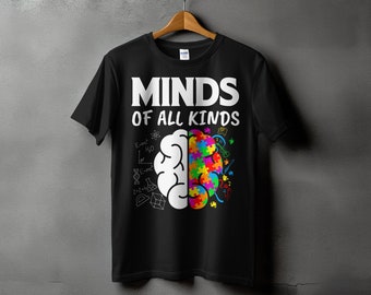 T-shirt de sensibilisation à l'autisme, esprits de toutes sortes, soutien à la neurodiversité, imprimé puzzle coloré, t-shirt unisexe pour l'acceptation et l'amour