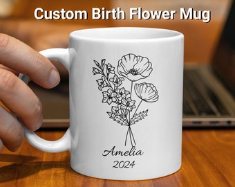 Birth Month Flower Mug Personalized With Name and Year, Custom Gift For Mom, Grandma, Sister, Aunt, Friend, Cousin, Birthday, Bridal Party