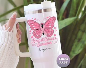 Vaso personalizado para supervivientes de cáncer de mama, taza de viaje con mariposa y lazo rosa.
