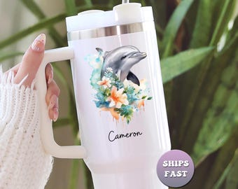 Vaso de delfín personalizado, regalo para amantes del océano tropical con acuarela, taza de viaje con nombre personalizado