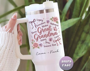 Personalized Great Grandma Tumbler, Custom Grandparent Gift, 40oz Travel Mug with Name, Mother's Day To Go Cup with Handle & Straw