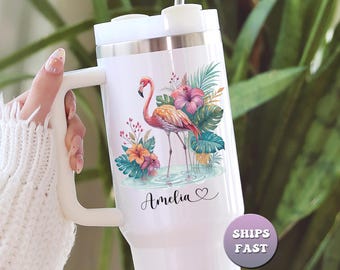 Personalized Flamingo Tumbler, Tropical Flower 40oz Mug with Handle