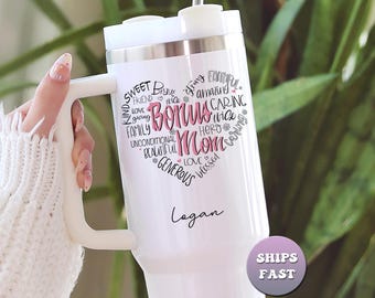 Personalized Bonus Mom Tumbler, Custom 40oz Travel Mug with Handle & Straw, Mother's Day Gift for Stepmom, Thoughtful Name Cup