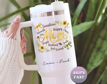 Personalized Mom Tumbler with Kids Names, Custom Sunflower Bee 40oz Travel Mug, Mother's Day Grandma Gift Cup with Handle & Straw