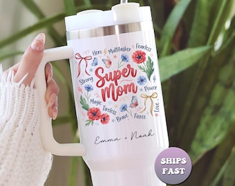 Personalized Super Mom Tumbler, Custom Kids Name Gift, 40oz Travel Mug for Mom, Grandmas, Hydration Cup with Handle & Straw