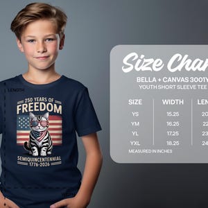 Patriotic Cat Youth Short Sleeve T-Shirt, 250 Years of Freedom Tee, American Flag Shirt for Kids, 1776-2026 Anniversary Shirt