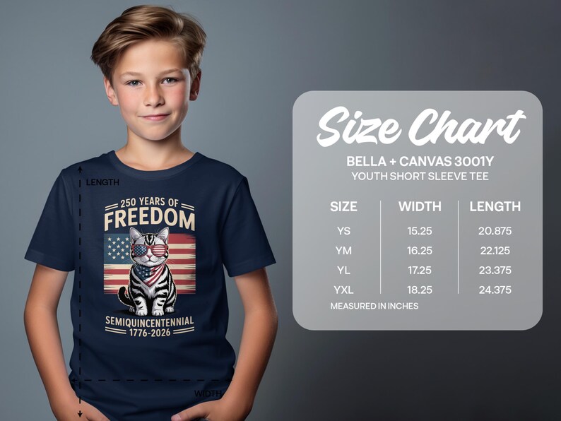 Patriotic Cat Youth Short Sleeve T-Shirt, 250 Years of Freedom Tee, American Flag Shirt for Kids, 1776-2026 Anniversary Shirt