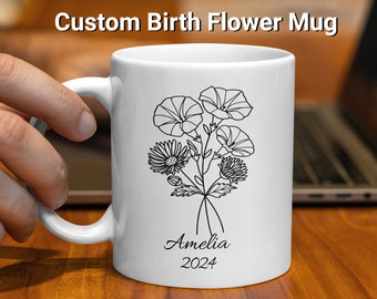 Birth Month Flower Mug Personalized With Name and Year, Custom Gift For Mom, Grandma, Sister, Aunt, Friend, Cousin, Birthday, Bridal Party