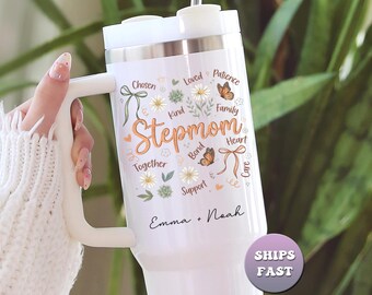 Personalized Stepmom Tumbler, Custom Bonus Mom Gift, 40oz Travel Mug With Kids Names, Floral Stepmother Cup With Handle & Straw