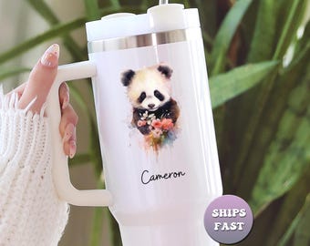 Vaso de panda de acuarela personalizado, taza de viaje personalizada para amantes de los animales, taza de 40 oz con nombre