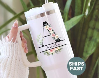 Personalized Floral Initial Tumbler, Custom Name Coffee Mug, Bridesmaid Gift