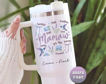 Personalized Mamaw Tumbler, Custom Gift for Grandma, Large Travel Mug With Kids Names, 40oz To Go Cup With Handle & Straw