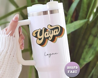 Personalized Yaya Tumbler, Retro Groovy Grandma Gift, Custom 40oz Travel Mug With Handle & Straw for Her