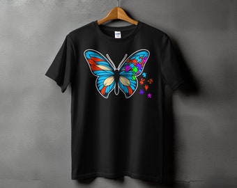 Autism Awareness Butterfly T-Shirt, Colorful Puzzle Pieces, Neurodiversity Support Tee, Love Acceptance Fun Design