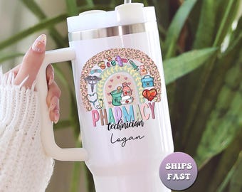 Personalized Pharmacy Tech Tumbler, Custom 40oz Travel Mug for Pharmacy Technician, Medical Rainbow Cup with Name, Healthcare Gift w/ Handle