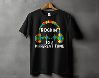 Autism Awareness T-Shirt, Rockin' To A Different Tune, Puzzle Pieces, Rainbow Colors, Funny Neurodiversity Shirt