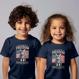 250 Years of Freedom Kids Shirt, Semi-Quincentennial Children's Tee, American Flag Cat Graphic, Independence Day Gift for Kids