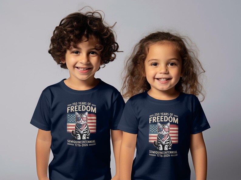 250 Years of Freedom Kids Shirt, Semi-Quincentennial Children's Tee, American Flag Cat Graphic, Independence Day Gift for Kids