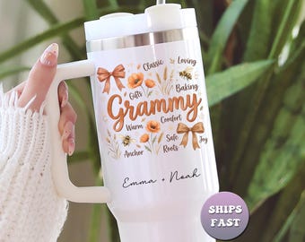 Personalized Grammy Tumbler, Custom Gift for Grandmother, Large 40oz Travel Mug With Kids Names, Floral Bee Design To Go Cup