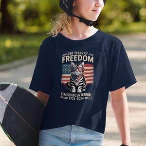 250 Years of Freedom T-Shirt, Semiquincentennial 1776-2026, Patriotic Cat Skateboarder Tee, American Flag Design Top