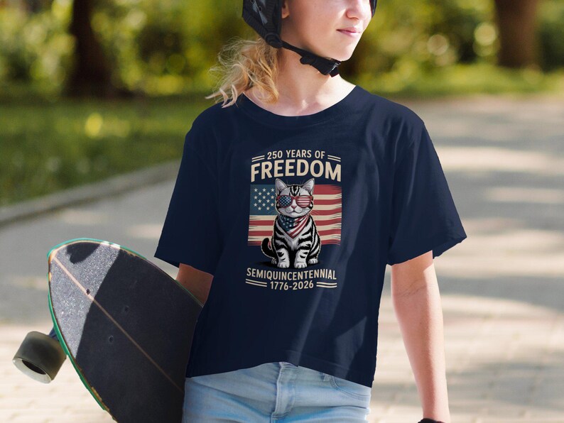 250 Years of Freedom T-Shirt, Semiquincentennial 1776-2026, Patriotic Cat Skateboarder Tee, American Flag Design Top