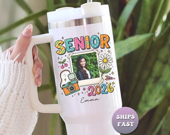 Personalized Senior 2026 Tumbler, Custom Photo Graduation 40oz Tumbler, Class of 2026 Grad Gift for High School or College Graduate, Retro