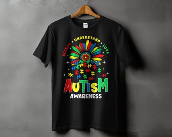Autism Awareness T-Shirt - Colorful Puzzle Pieces and Flowers, Accept Understand Love, Support Neurodiversity Tee