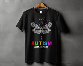 T-shirt libellule de sensibilisation à l'autisme, pièces de puzzle colorées, amour du spectre arc-en-ciel, soutien à la neurodiversité