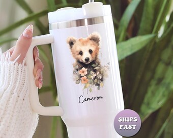 Vaso personalizado de acuarela con diseño de osito, taza de viaje personalizada para amantes de los animales, taza para llevar de 40 oz
