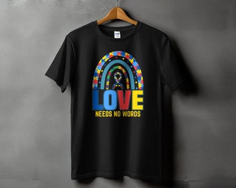 Autism Awareness T-Shirt - Love Needs No Words Puzzle Rainbow Design for Acceptance and Support