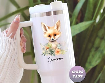 Vaso de acuarela de zorro personalizado, regalo personalizado para amantes de los animales, taza para llevar de 40 oz