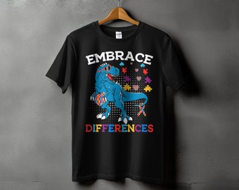 Autism Awareness T-Shirt with Dinosaur, Rainbow Puzzle Pieces, Neurodiversity Love Acceptance Tee