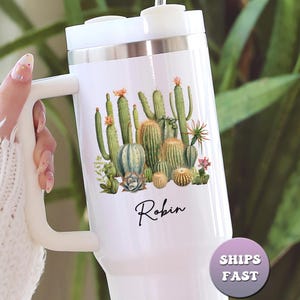 Custom Cactus Tumbler 40oz, Personalized Cactus Lover Gift With Name Cactus Tumbler Cup with Handle Succulent Lover Travel Mug Gardener Gift