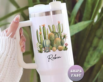 Vaso de cactus personalizado, taza de viaje con nombre personalizado, regalo para amantes de las suculentas