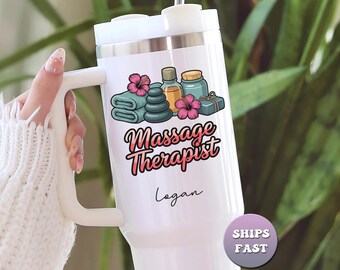 Personalized Massage Therapist Tumbler, Custom Name 40oz Spa Professional Gift, Wellness Travel Mug with Handle & Straw