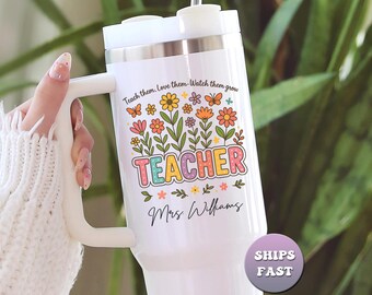Personalized Teacher Tumbler, Floral Teacher Gift, Custom Name Travel Mug