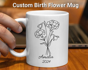 Birth Month Flower Mug Personalized With Name and Year, Custom Gift For Mom, Grandma, Sister, Aunt, Friend, Cousin, Birthday, Bridal Party