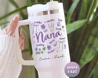 Personalized Nana Tumbler with Grandkids Names, Custom Gift for Grandma, 40oz Floral Travel Mug with Handle & Straw