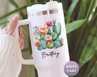 Taza personalizada con flor de cactus y vaso floral con nombre personalizado