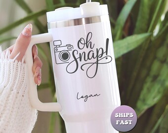 Personalized Photographer Tumbler, Oh Snap Photographer Gift, Custom 40oz Travel Mug with Handle & Straw, Name Tumbler