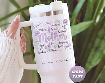 Personalized Mom Tumbler with Kids Name, Custom Mother's Day Gift 40oz Travel Mug, Floral Purple Hummingbird Design, Nurturing Mother Cup