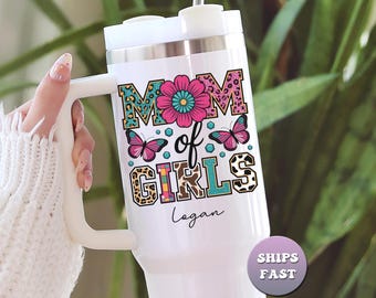 Personalized Mom of Girls Tumbler, Custom Leopard Print Mama Gift, 40oz Travel Mug With Handle, New Mom Gift, Trendy To Go Cup
