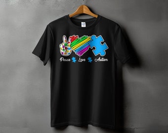 T-shirt de sensibilisation à l'autisme, pièce de puzzle colorée et signe de la paix, t-shirt amour et acceptation, mode de soutien à la neurodiversité