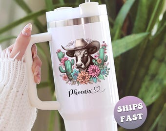 Vaso personalizado de vaquero y vaca, taza de viaje con cactus y flores del oeste, taza de café con nombre personalizado