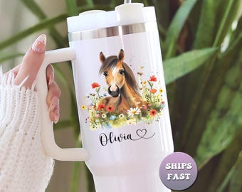 Personalized Floral Horse Tumbler, Custom 40oz Mug with Handle
