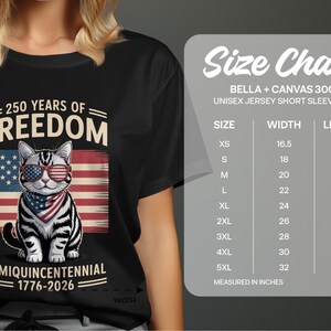 250 Years of Freedom T-Shirt, Cat Wearing Sunglasses Tee, American Flag Shirt, SemiQuincentennial 1776-2026 Top, Patriotic Cat Graphic