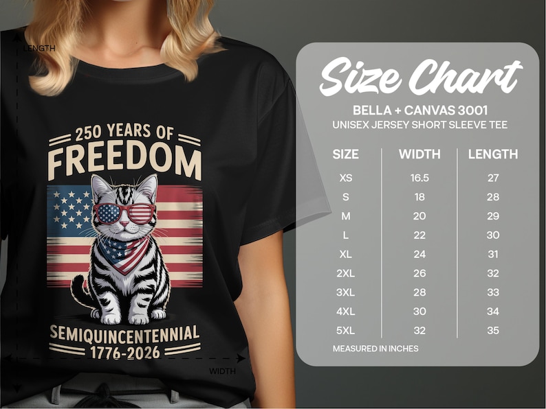 250 Years of Freedom T-Shirt, Cat Wearing Sunglasses Tee, American Flag Shirt, SemiQuincentennial 1776-2026 Top, Patriotic Cat Graphic