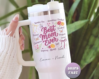 Personalized Best Mom Ever Tumbler, Custom 40oz Travel Mug with Kids Names, Large Insulated To Go Cup, Mothers Day Gift for Her, Grandma
