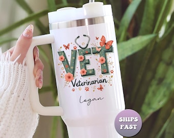 Personalized Veterinarian Tumbler, Custom Vet Tech Gift 40oz, Large Travel Mug for Animal Lover With Name, Vet School Graduation To Go Cup